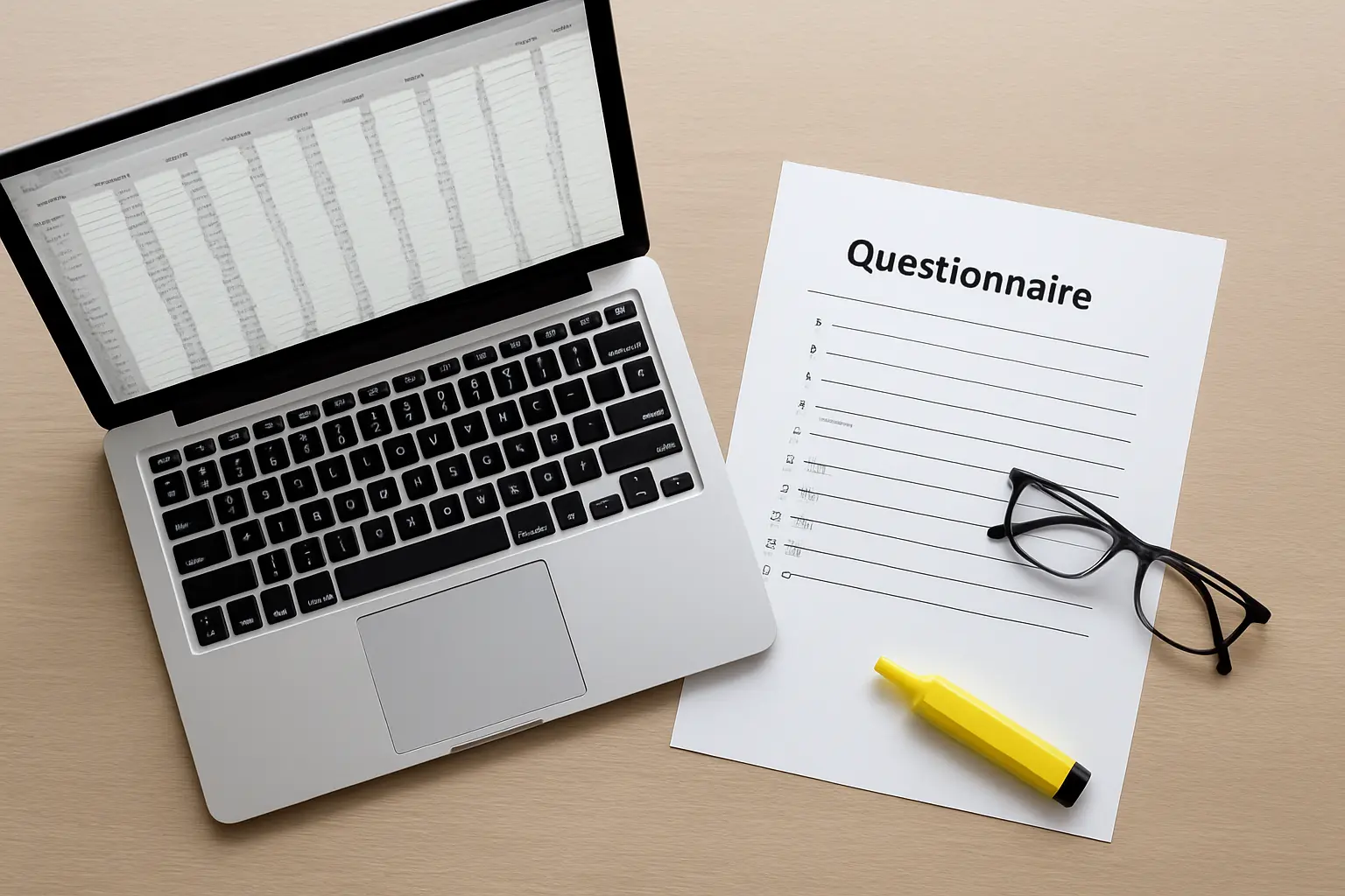 Spreadsheet of survey responses next to a printed questionnaire