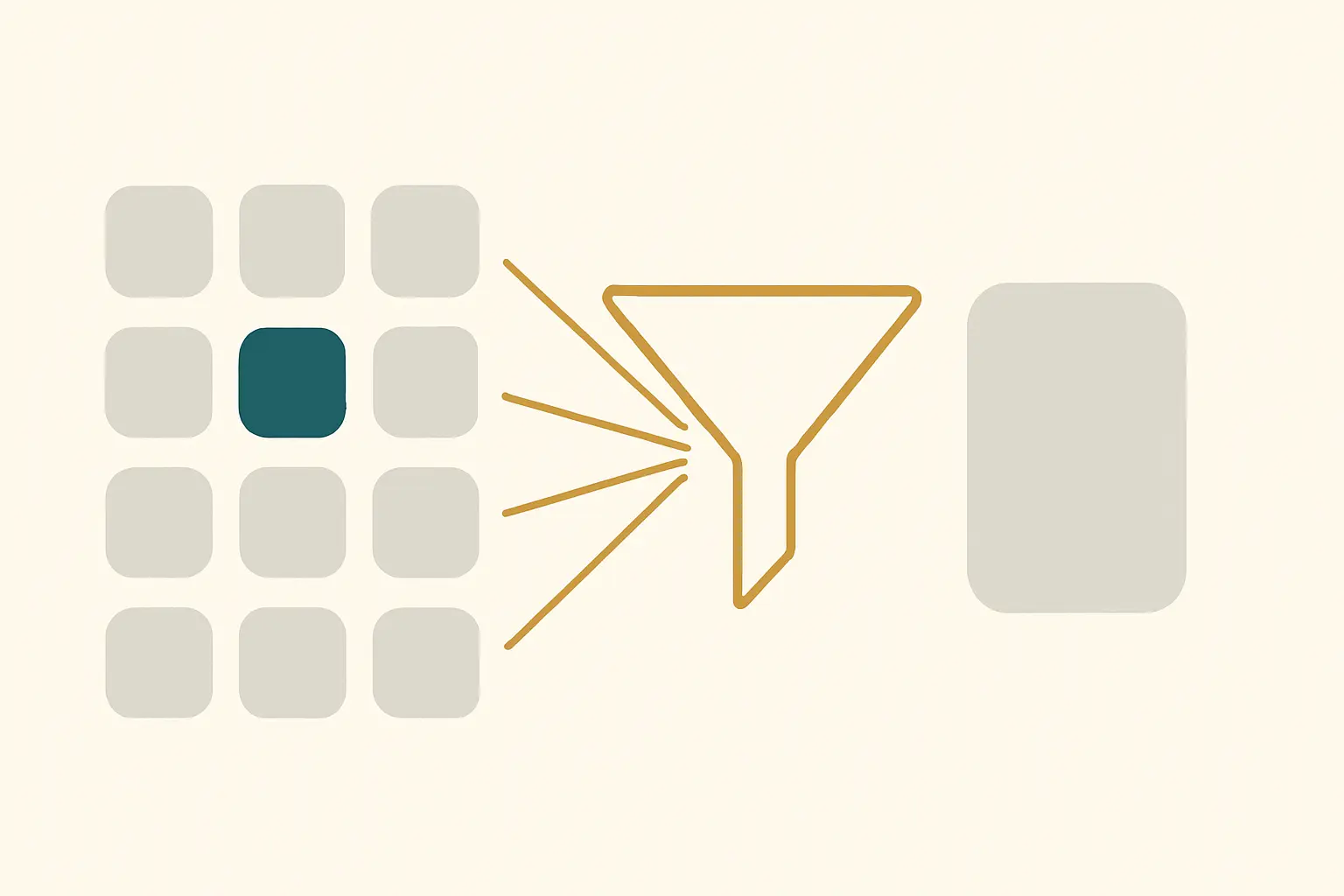 Illustration of nine framework tiles narrowing through a filter to one, the choice an MBA research report has to make in Chapter 2