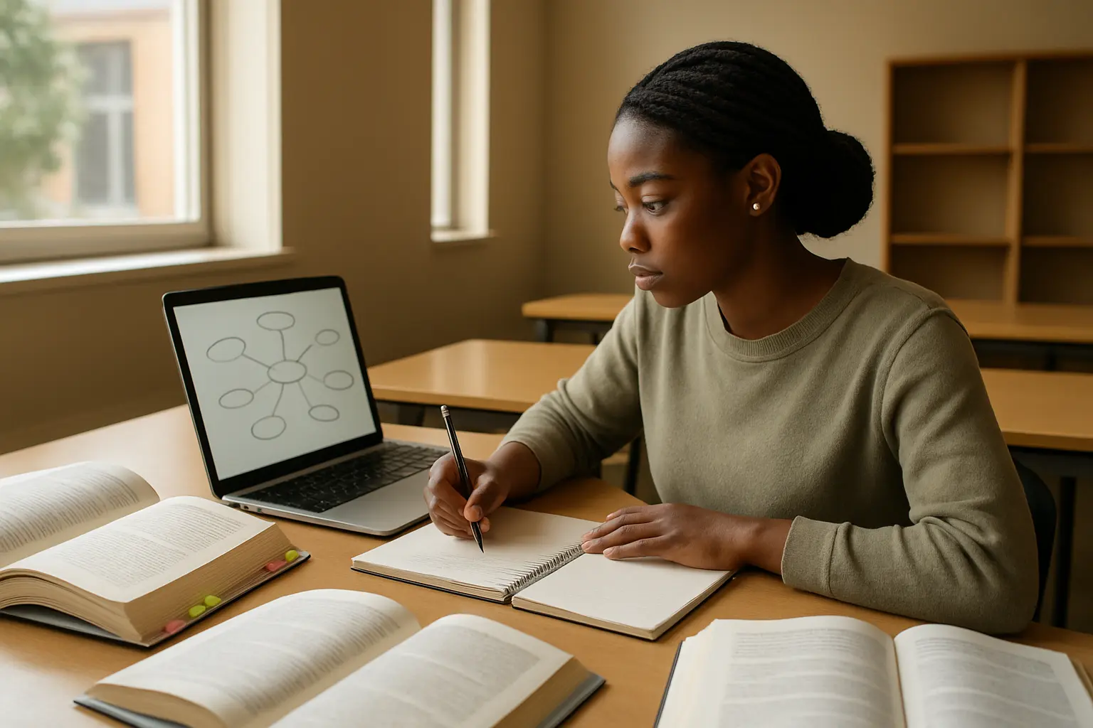 South African psychology honours student narrowing a shortlist of research topics at a university desk with open journals and a laptop mind-map