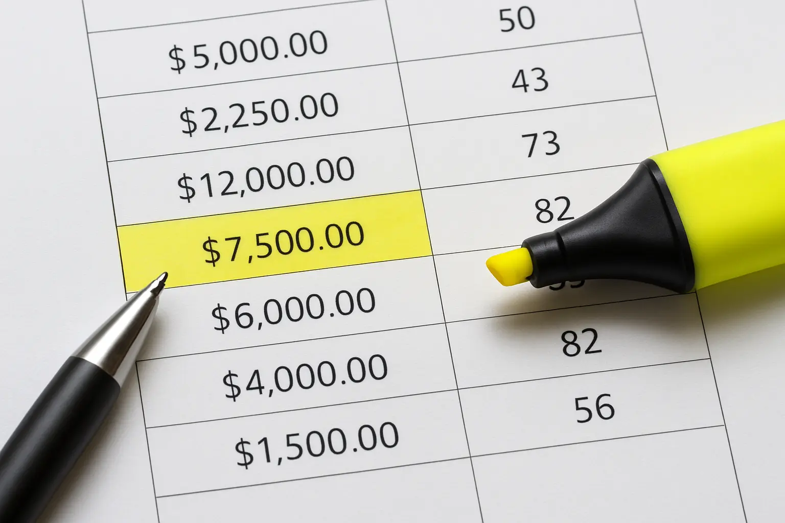Printed table of monetary amounts and counts with one row highlighted