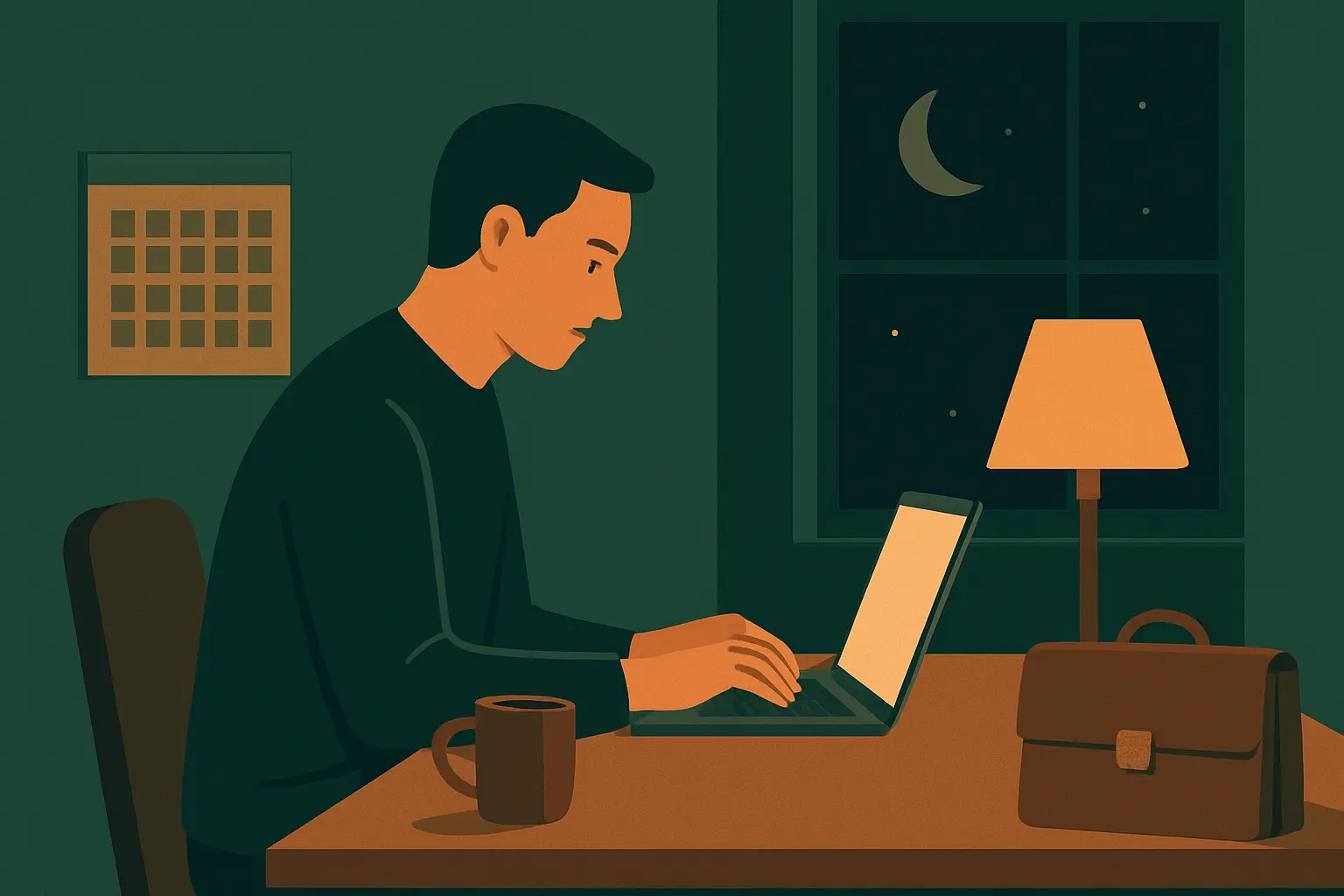 Flat vector illustration of a working professional writing a dissertation late at night at a desk