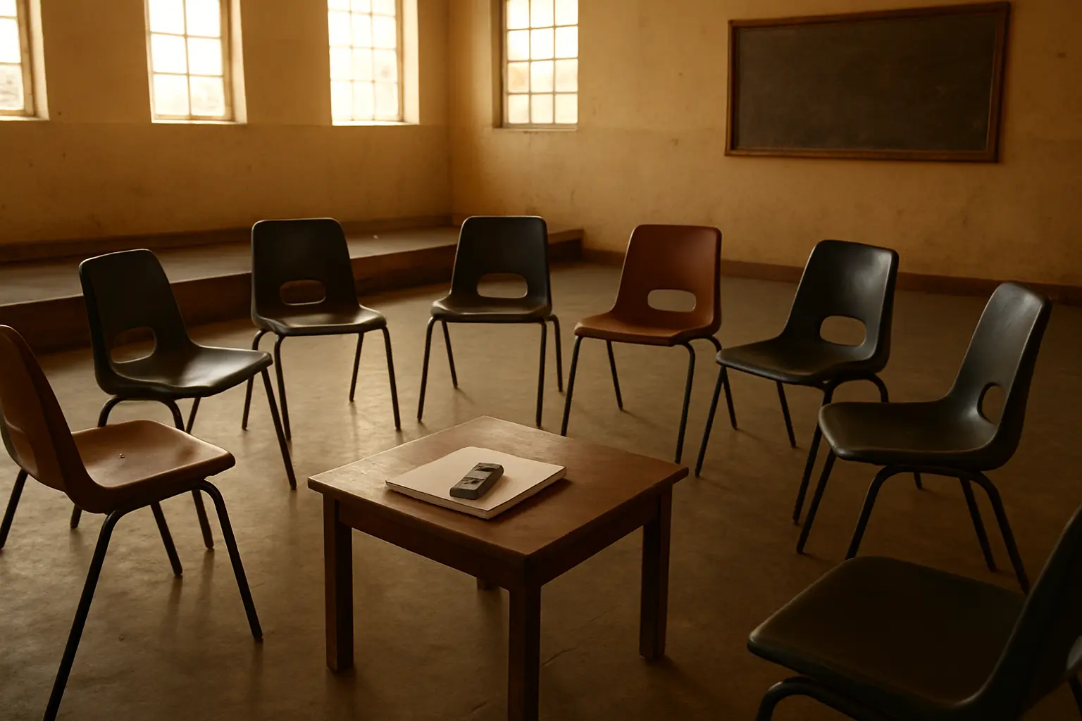 Chairs arranged in a semicircle for a focus group with a voice recorder on a table