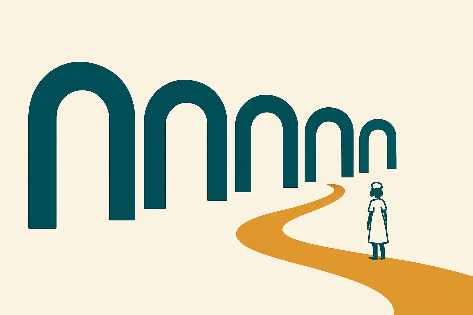 Illustration of five sequential gates on a path, representing the ethics, provincial, facility, unit and participant permissions a nursing study needs