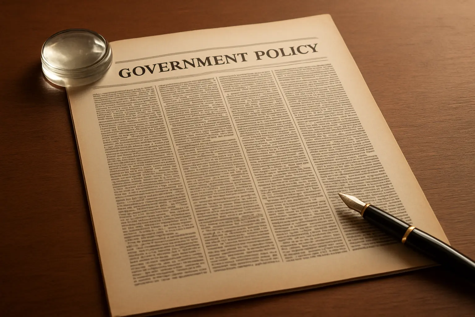 Official printed policy document lying open on a desk beside a fountain pen
