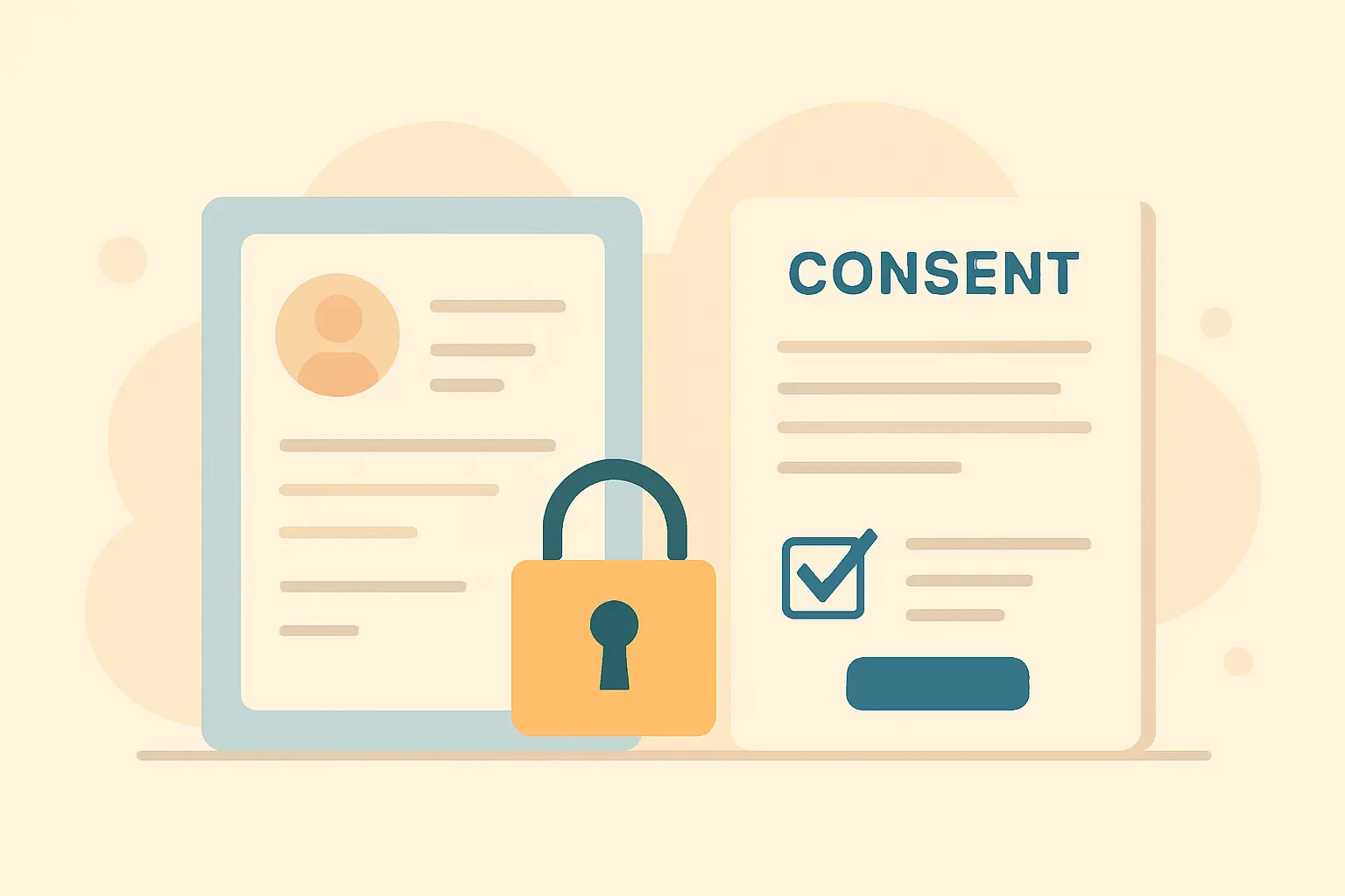 Flat vector illustration of a secured data record beside a participant consent form