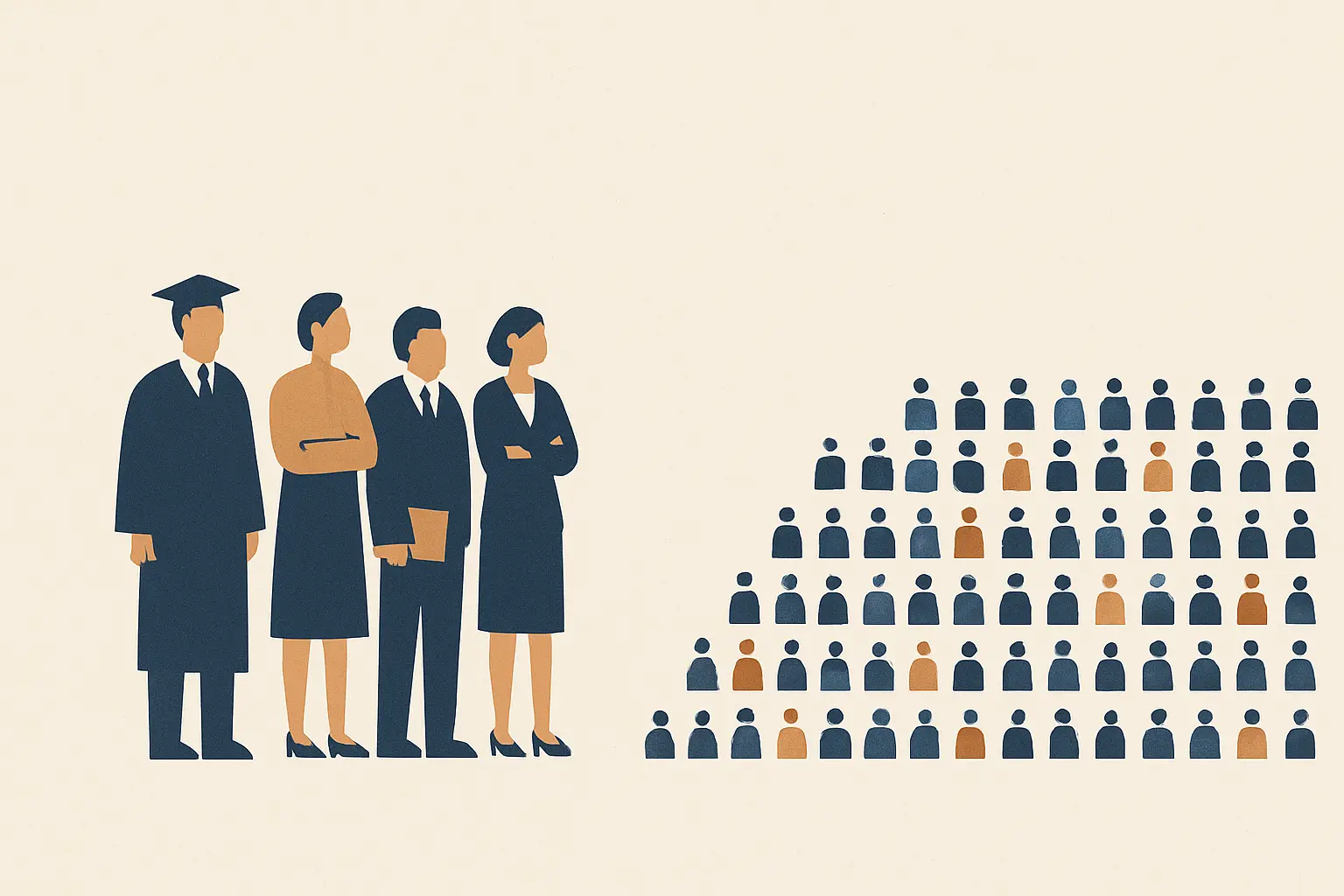 A small group of academic figures beside a large crowd of students, illustrating South African university staffing levels