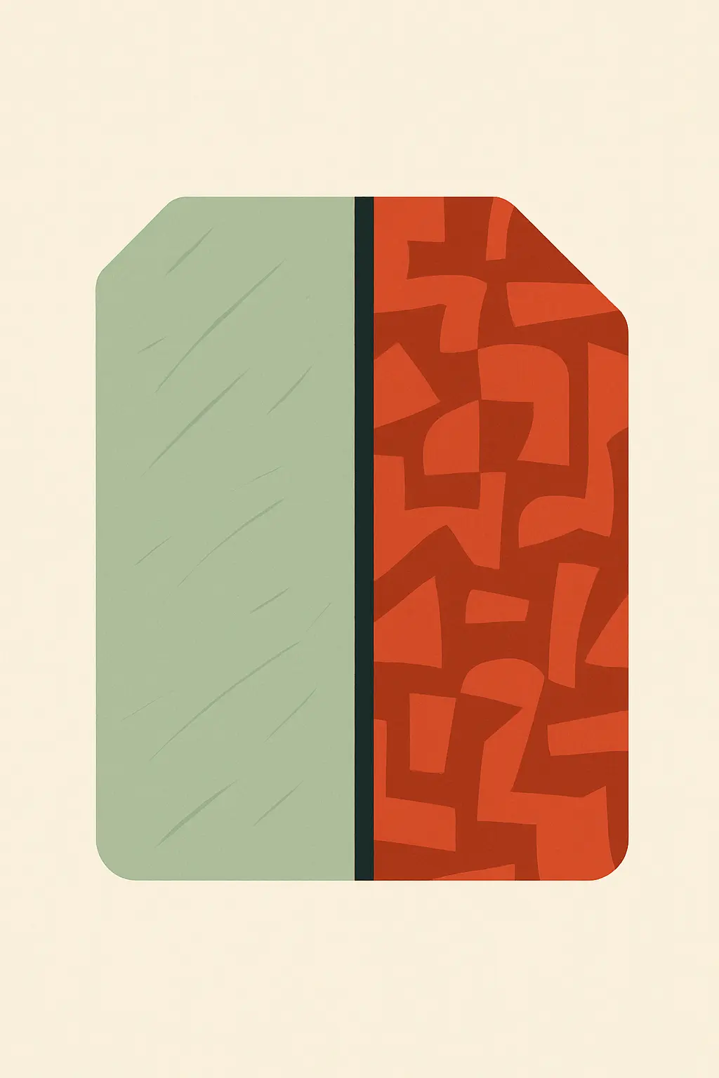 A document shape divided by a firm line, separating light surface marks from a heavily reworked area