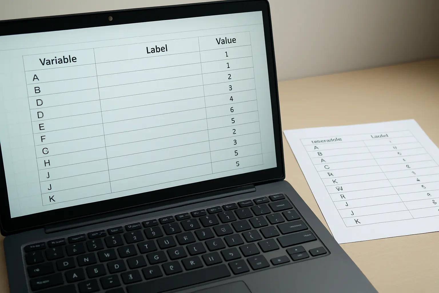 Codebook spreadsheet defining variable names and numeric value codes