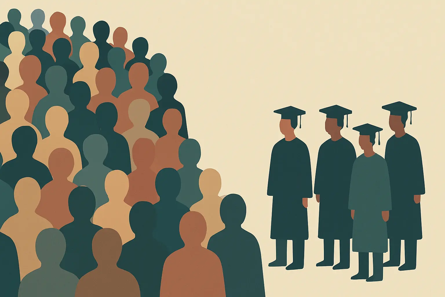 Flat vector illustration contrasting a large enrolled cohort with a much smaller graduating cohort