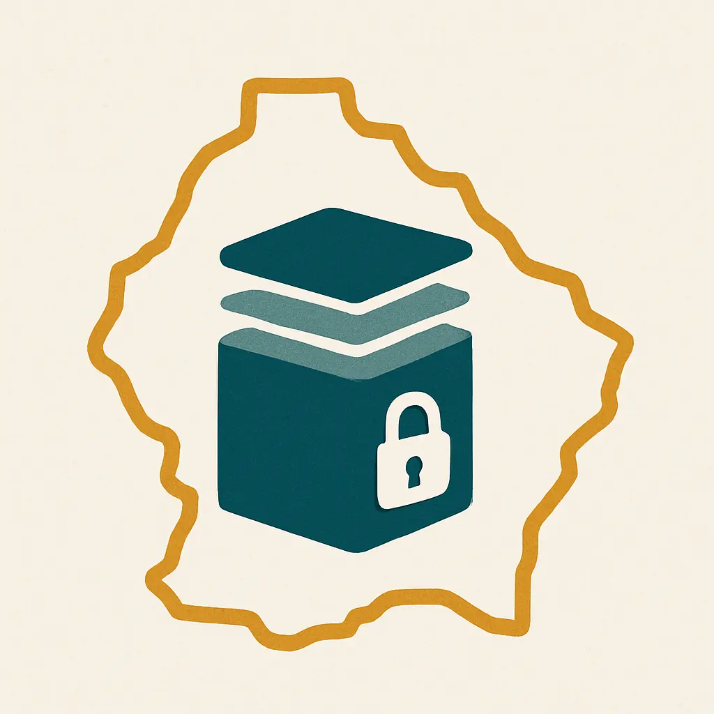 A secured data container inside a bounded territory outline, representing where survey responses are stored and under whose rules
