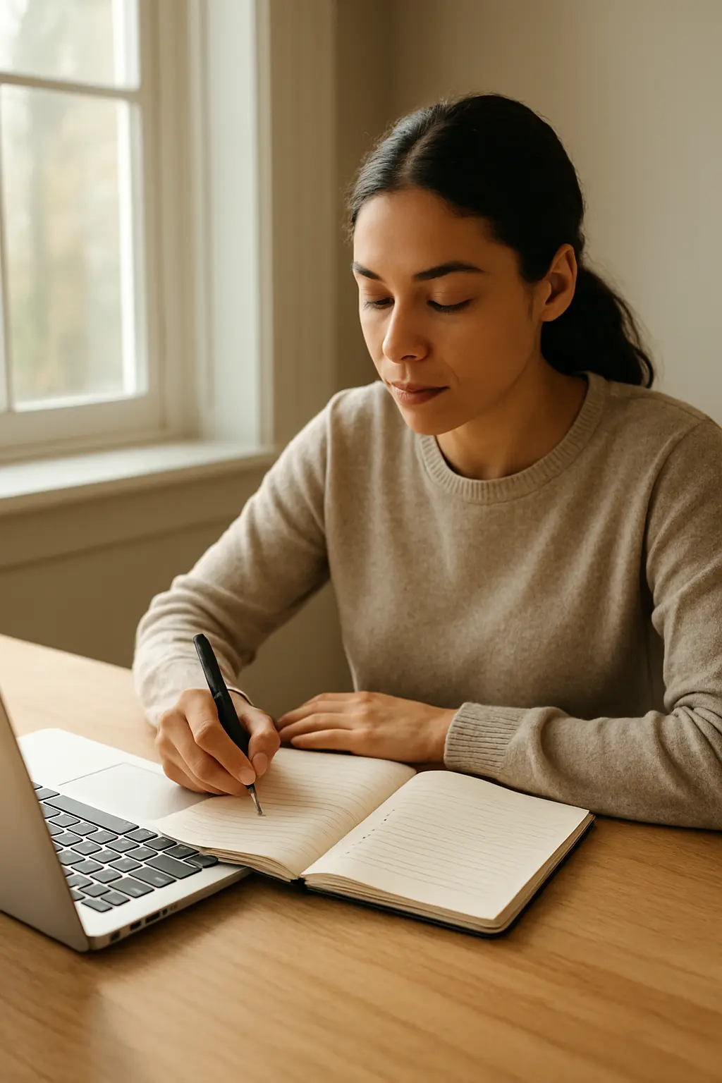 Postgraduate student writing a structured analysis plan beside a laptop in morning light