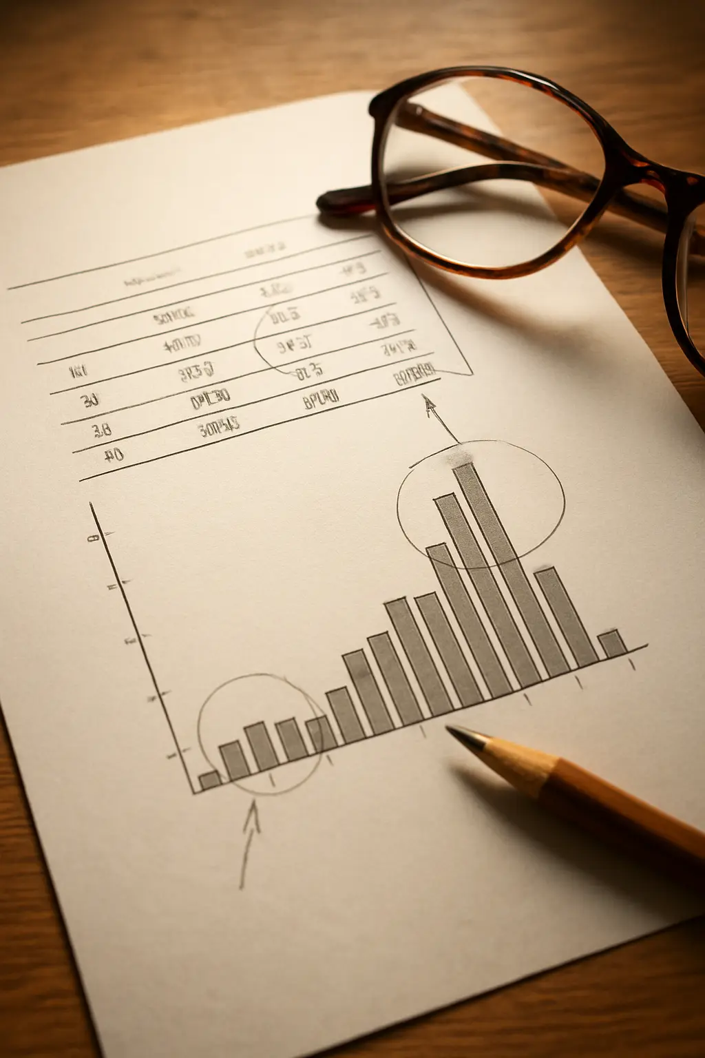 Printed descriptive statistics table and histogram annotated in pencil
