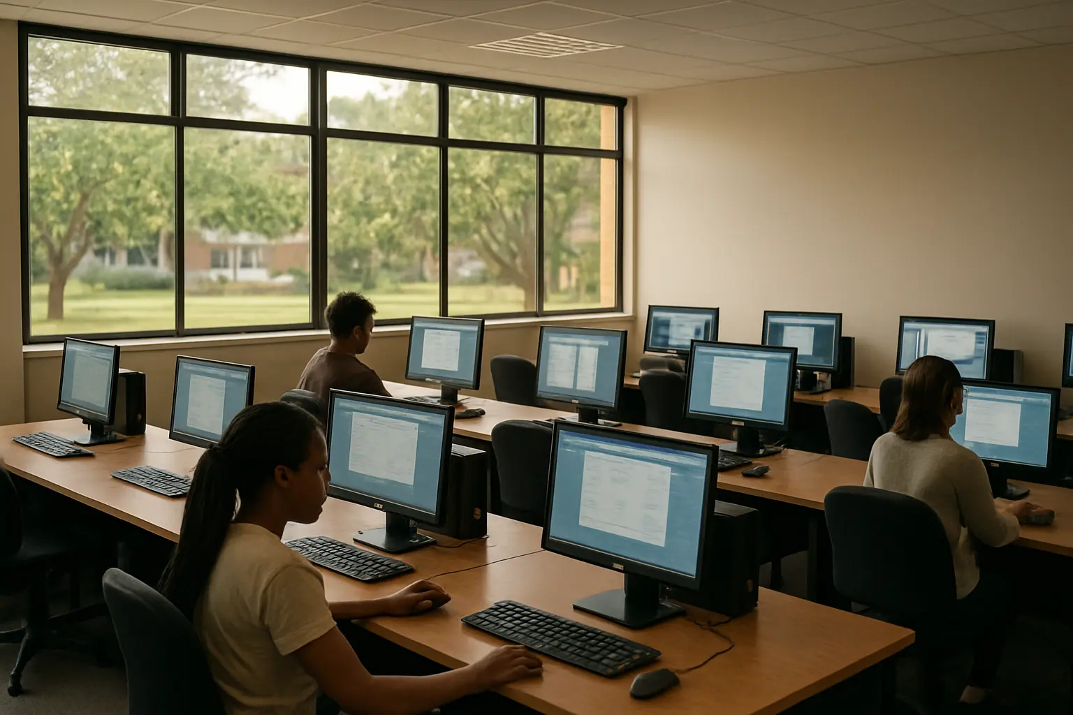 Postgraduate students working at desktop workstations in a university computer lab
