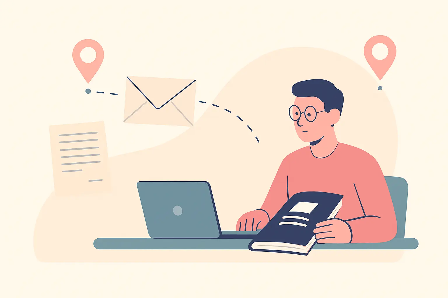 Flat vector illustration of an external examiner reviewing a bound dissertation remotely