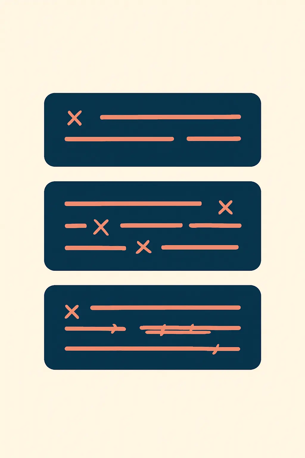 Three stacked text blocks with increasing amounts of correction marks, representing light, medium and heavy editing