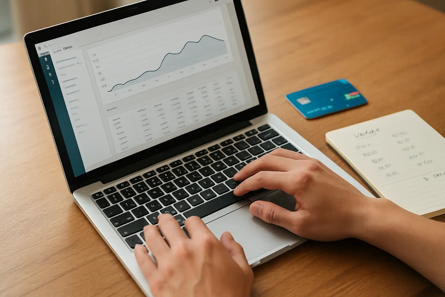Student at a laptop running statistics software beside a bank card and a budget notebook