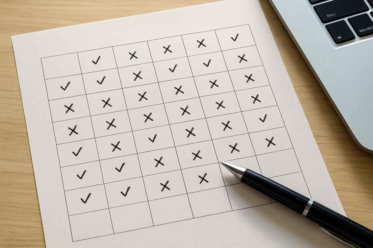 Printed comparison grid with ticks and crosses across columns of options
