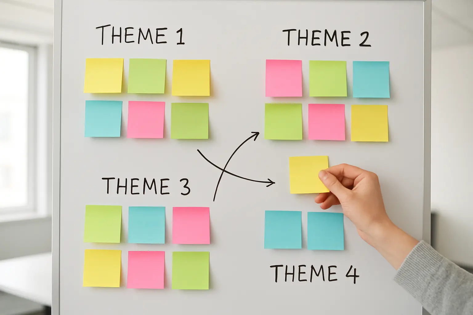 Sticky notes grouped into clusters on a whiteboard forming candidate themes