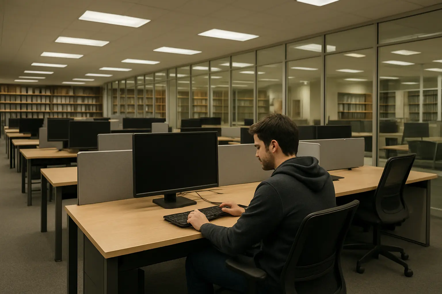 Postgraduate student working at a research commons workstation in a university library