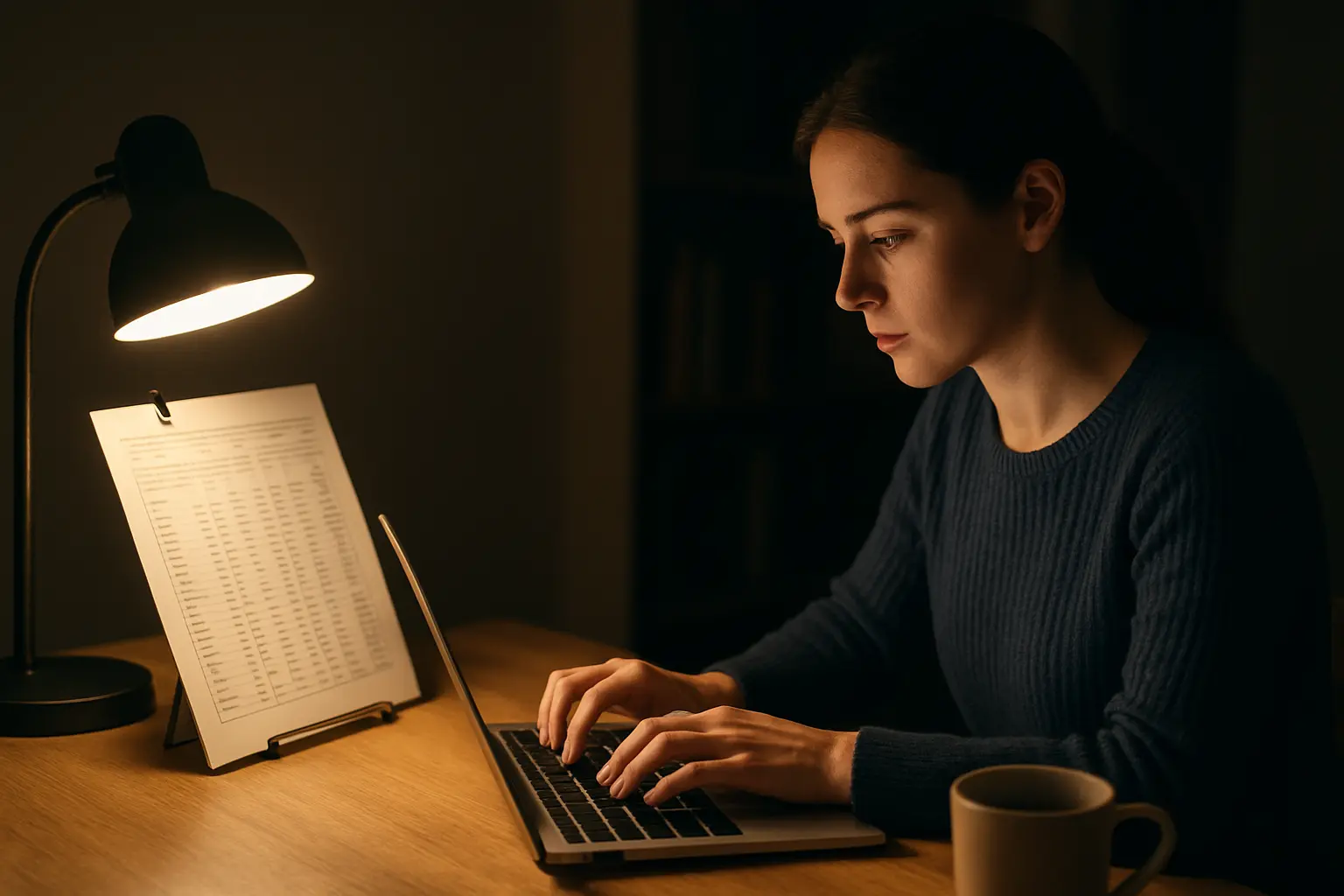 Student writing a results chapter with a printed statistics table propped beside the laptop