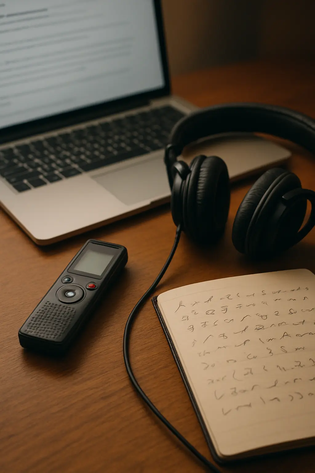 Voice recorder and headphones beside a laptop showing a transcription document