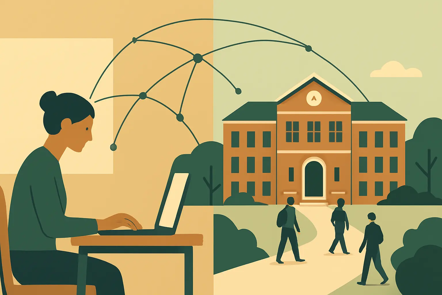 Flat vector illustration comparing distance study at home with study on a university campus