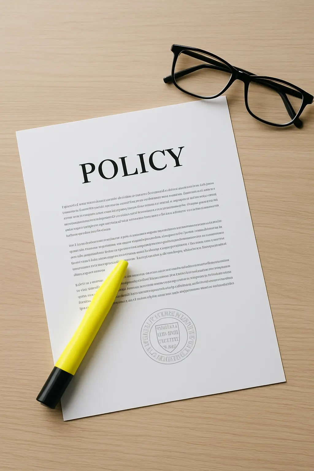 Printed university policy document being reviewed with a highlighter