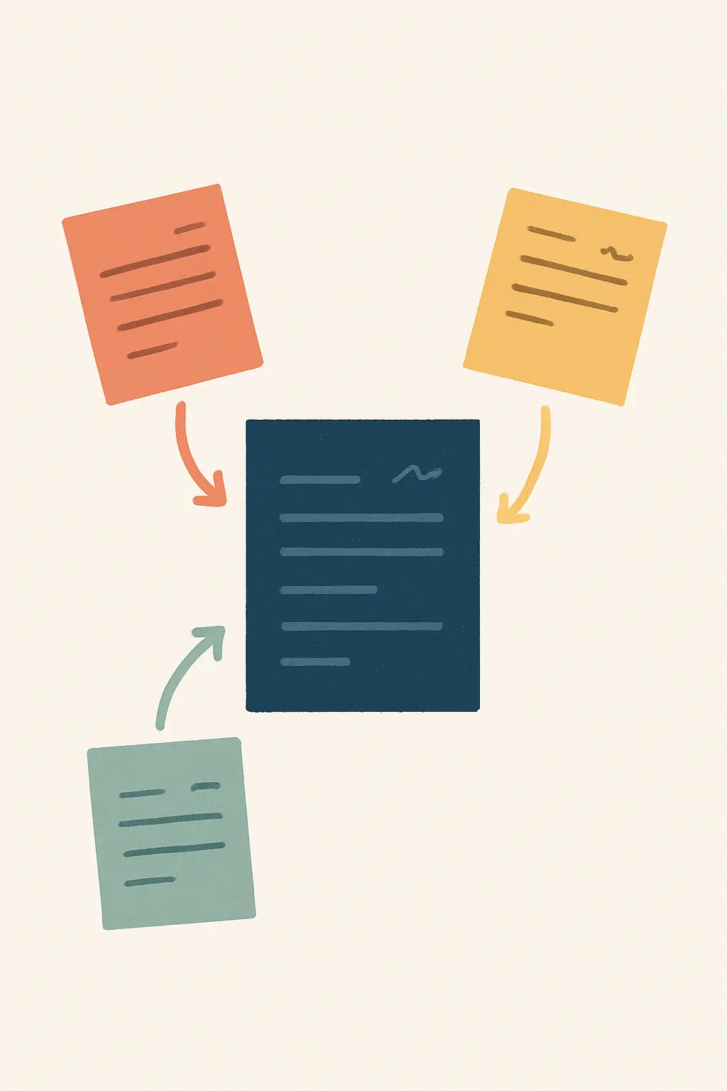 Three separate marked-up documents converging on one central document, representing examiner reports on a dissertation