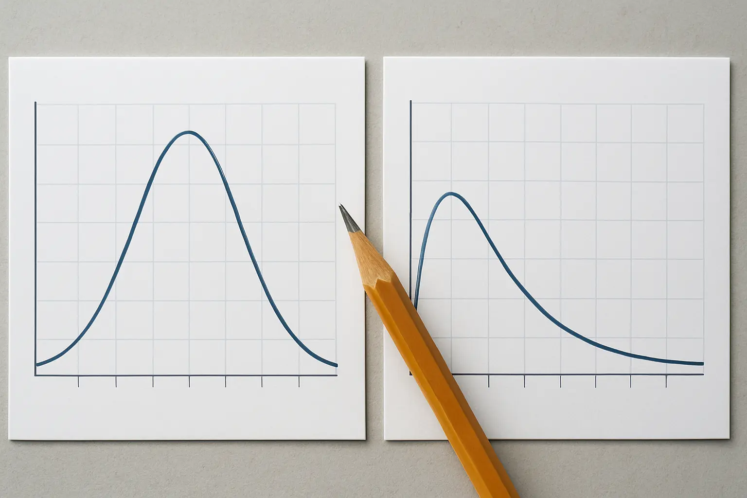 Printed bell curve compared side by side with a right-skewed distribution