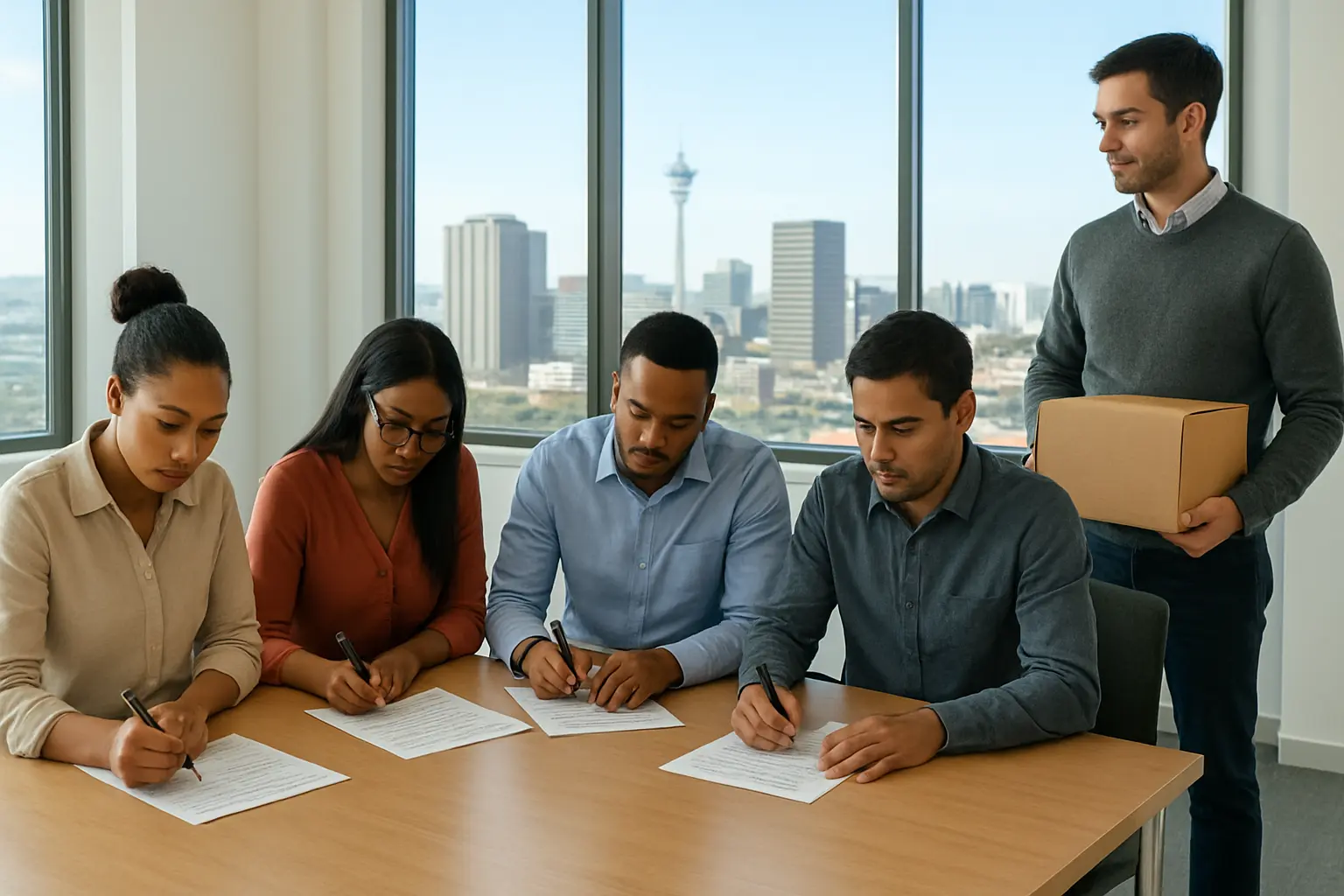 South African office employees completing paper questionnaires in a training room while a postgraduate researcher collects the forms