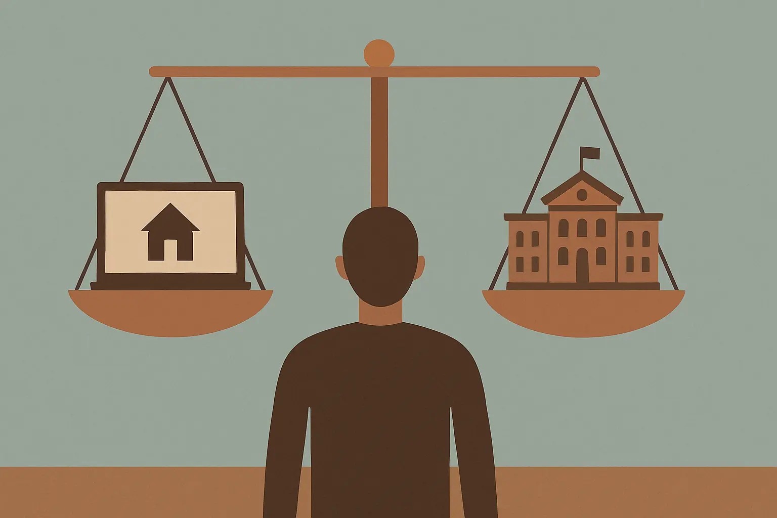 Flat vector illustration of a student weighing two study routes on a balance