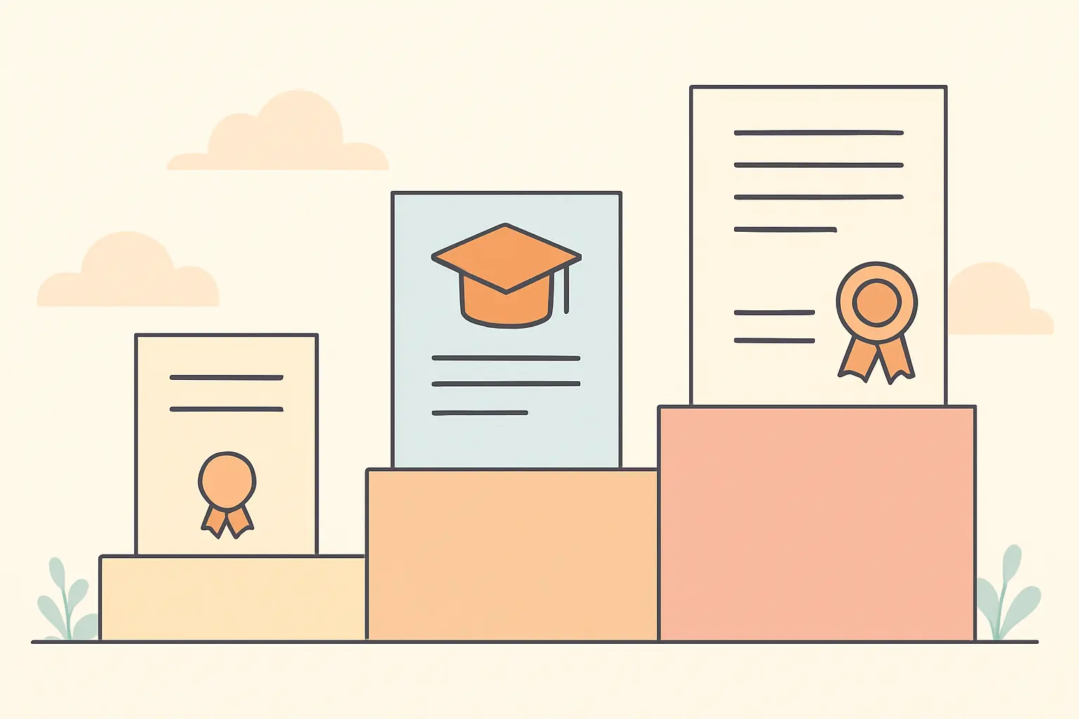 Flat vector illustration of three ascending postgraduate qualification levels with increasing document sizes