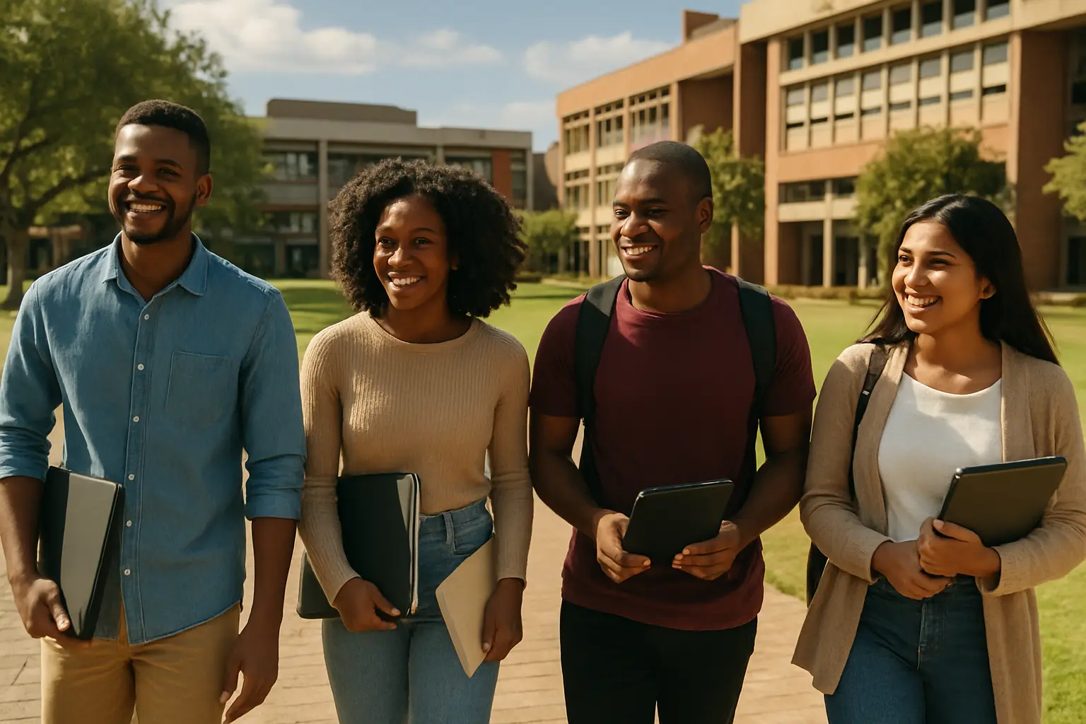 South African postgraduate students walking across a university campus quad