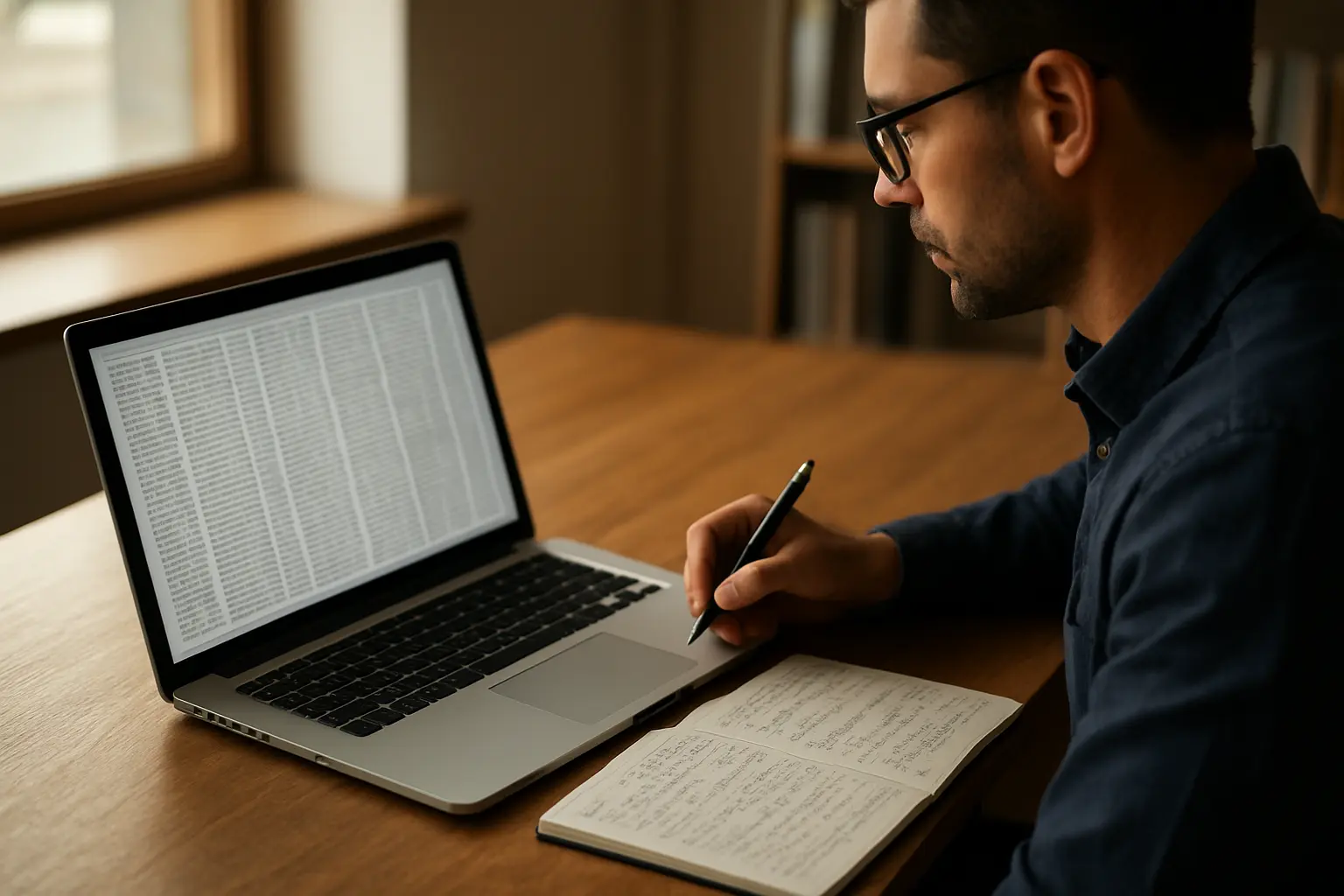 Researcher analysing a large corpus of journal abstracts on a laptop with a notebook of tallies beside it
