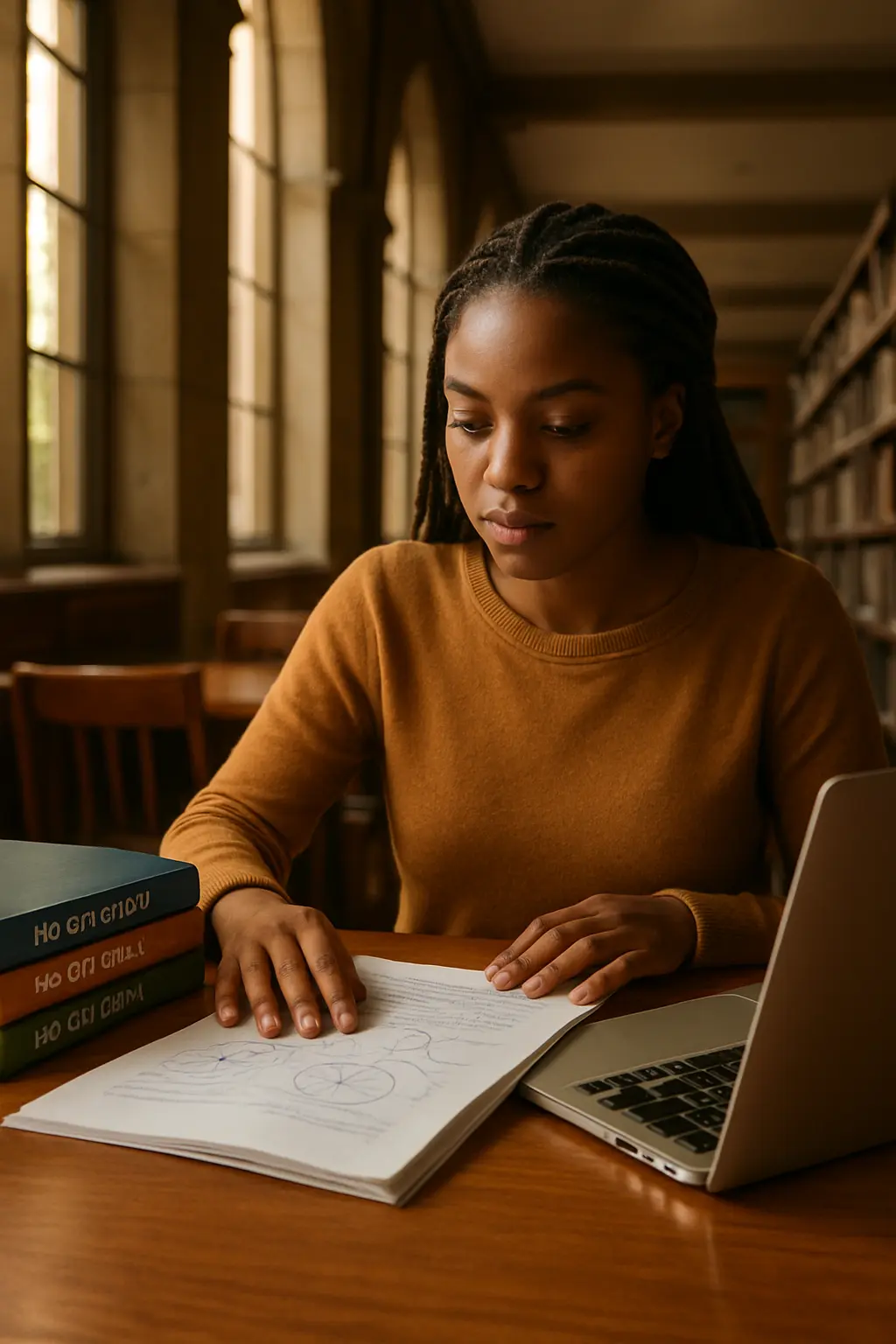 Psychology master’s student at a library desk with journals and a hand-drawn theory diagram, choosing a dissertation framework