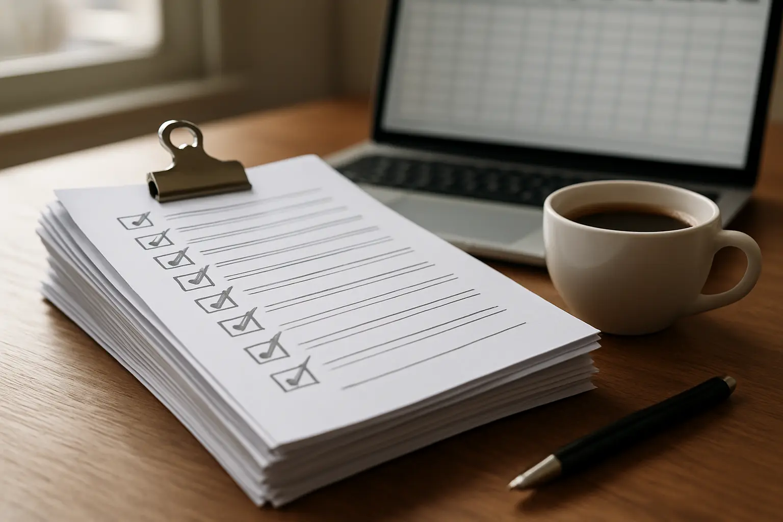 Stack of completed paper questionnaires beside a laptop data entry grid