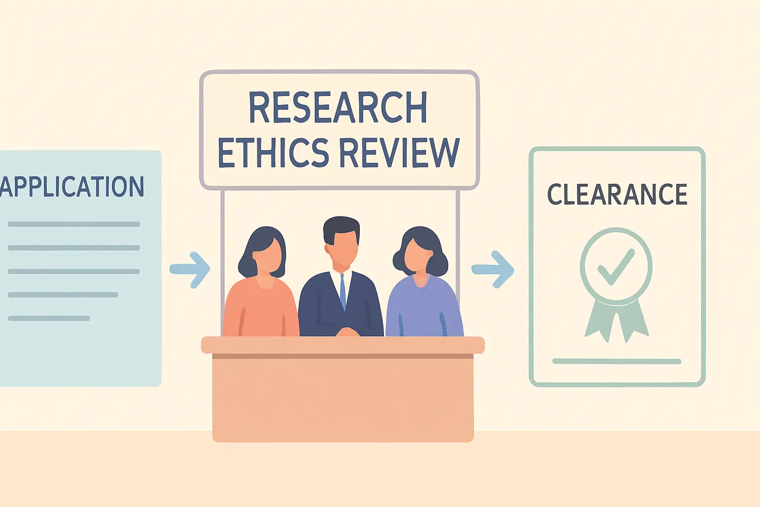 Flat vector illustration of a research ethics application moving through committee review to clearance