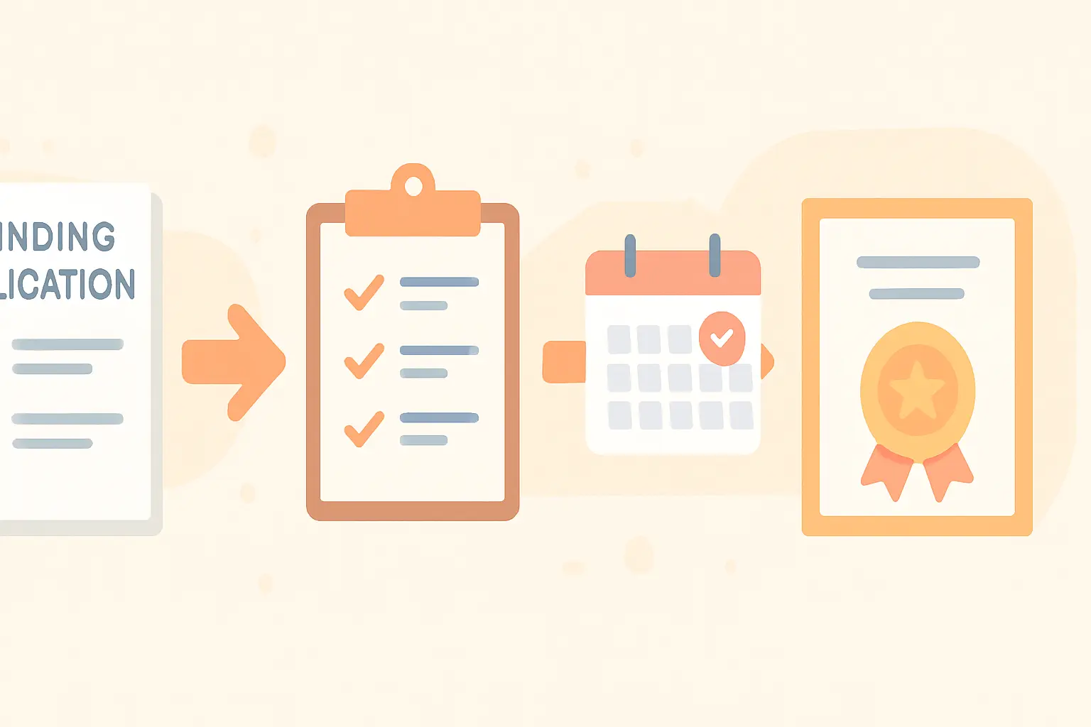 Flat vector illustration of a postgraduate funding application moving through review toward an award