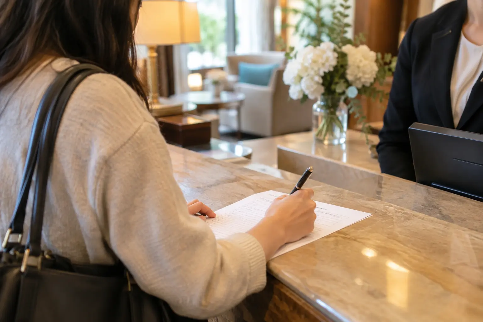 Hotel guest filling out a paper satisfaction survey at a reception desk