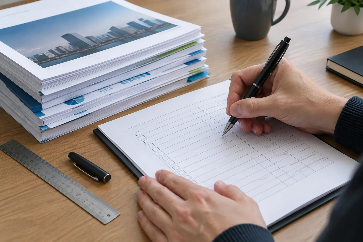 Close-up of hands writing a scoring protocol checklist next to a stack of printed company annual reports