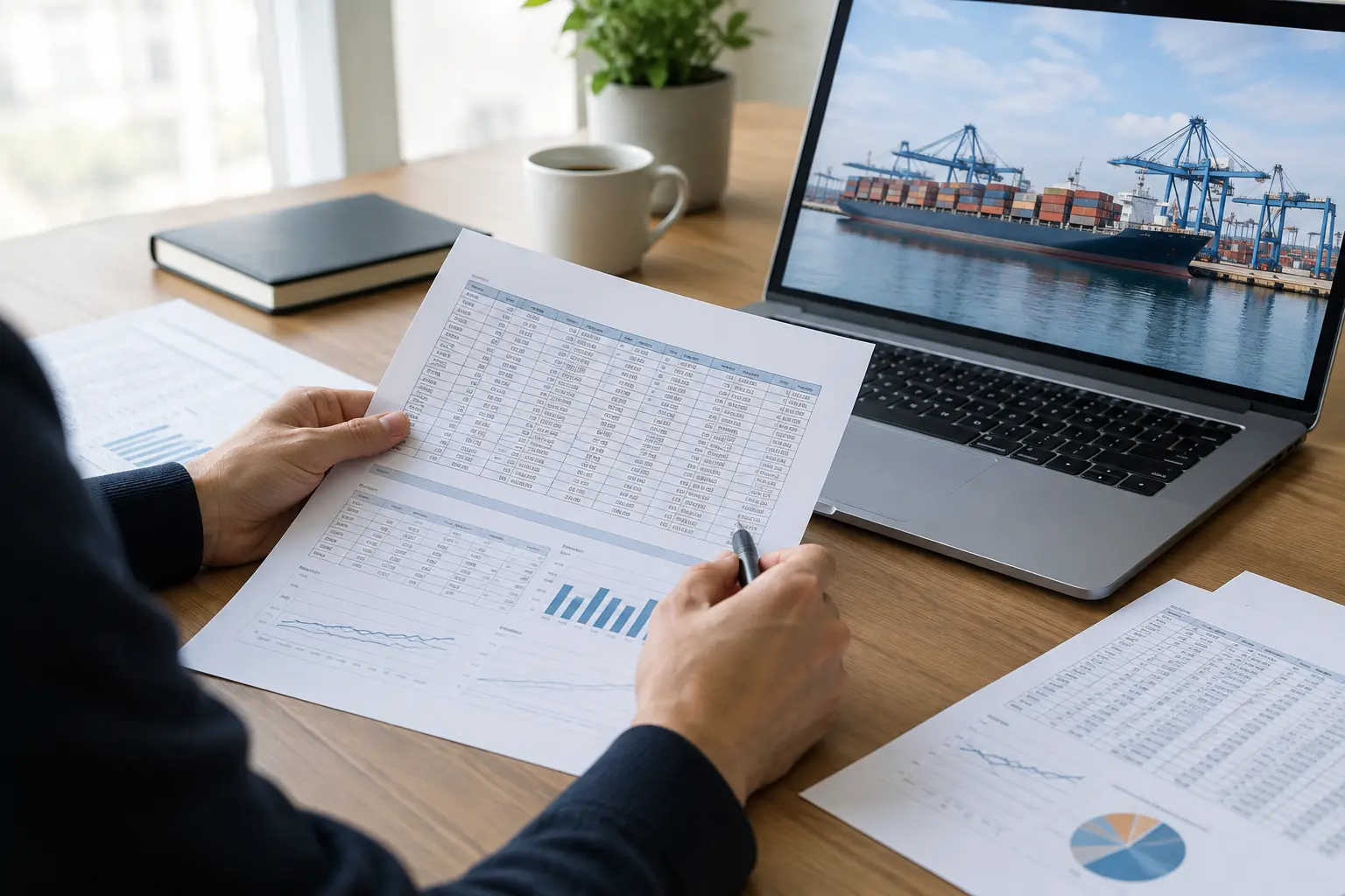 Researcher reviewing printed trade statistics tables next to a laptop showing a shipping port