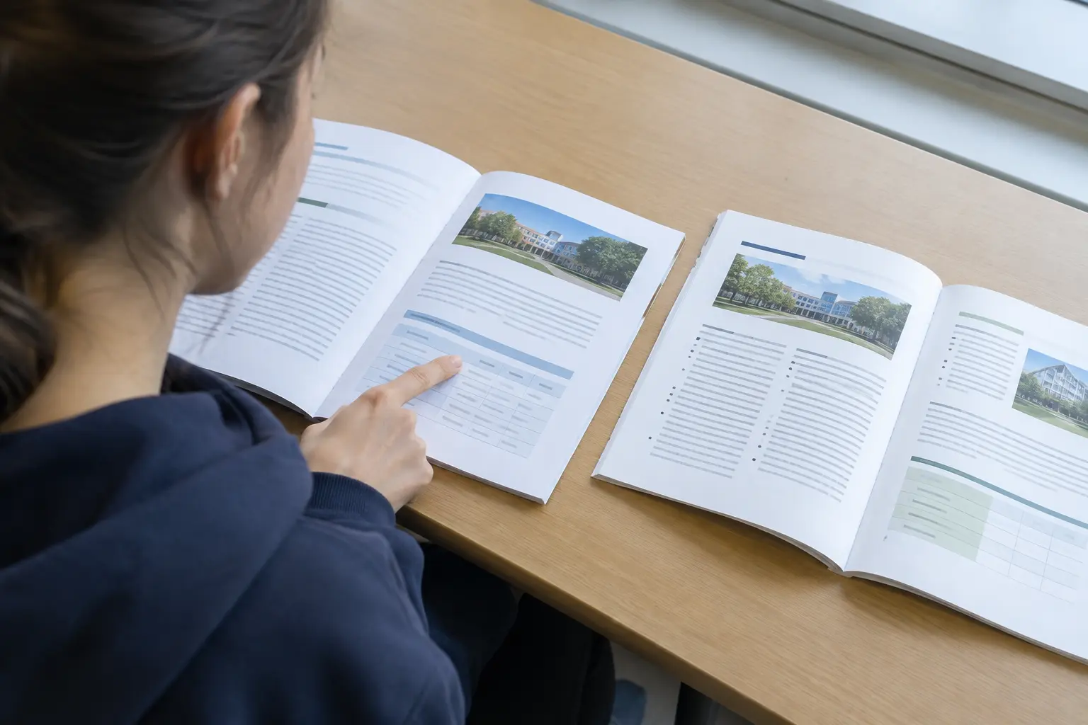 Student comparing two printed university format guides side by side on a desk