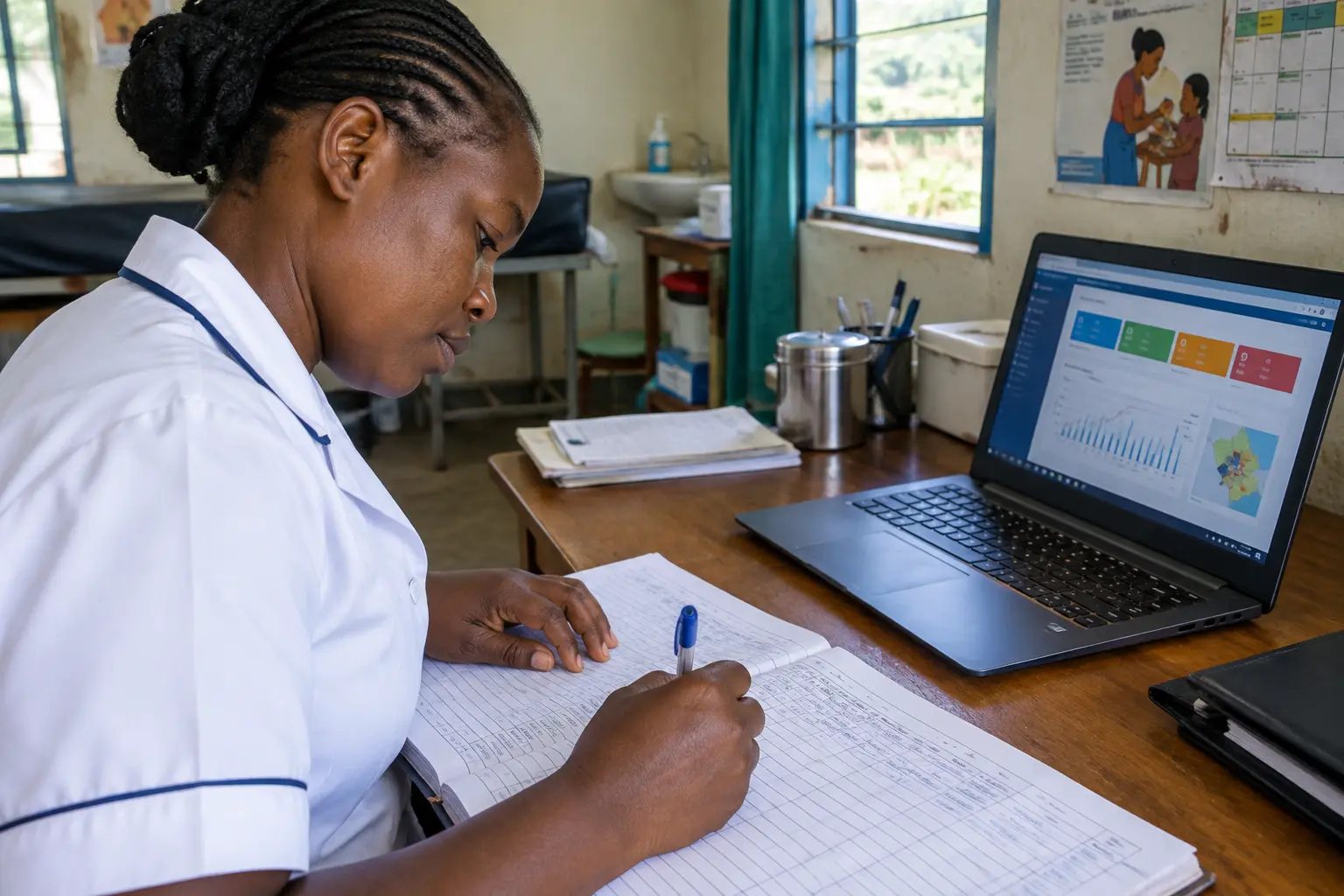 A rural clinic nurse entering patient data into a paper register beside a laptop showing a health information dashboard