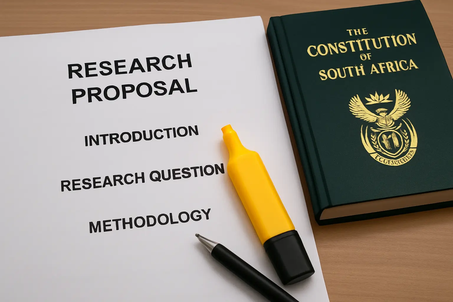 A printed law research proposal document with section headings and a highlighter on a desk