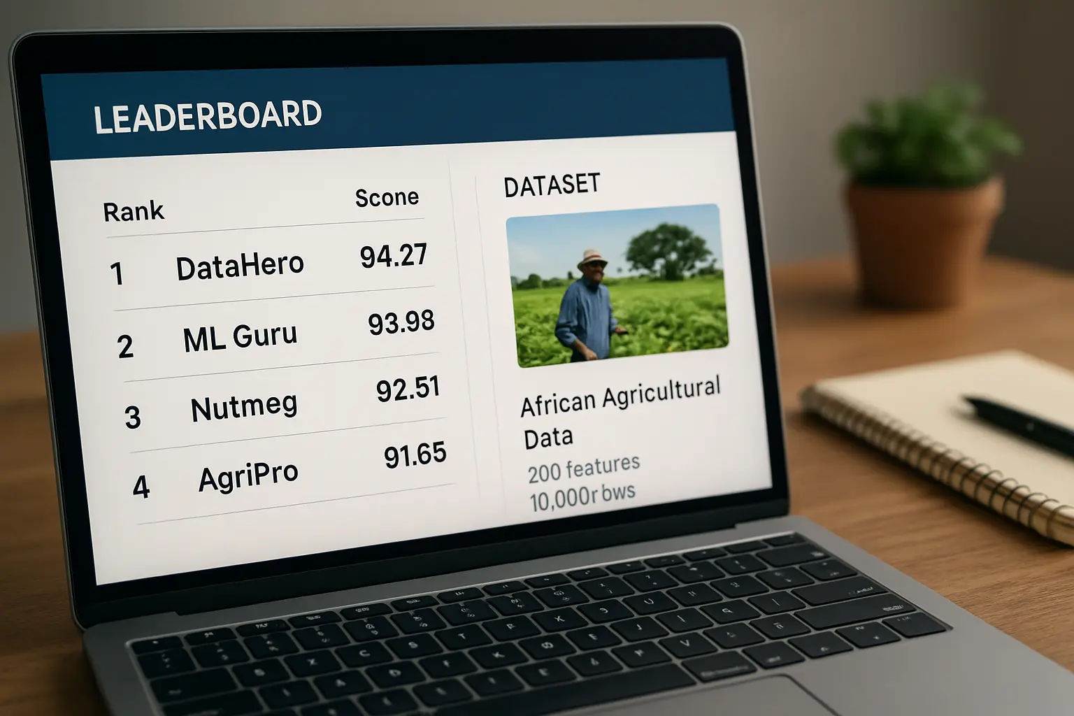 A laptop screen showing a data science competition leaderboard with an African-context dataset