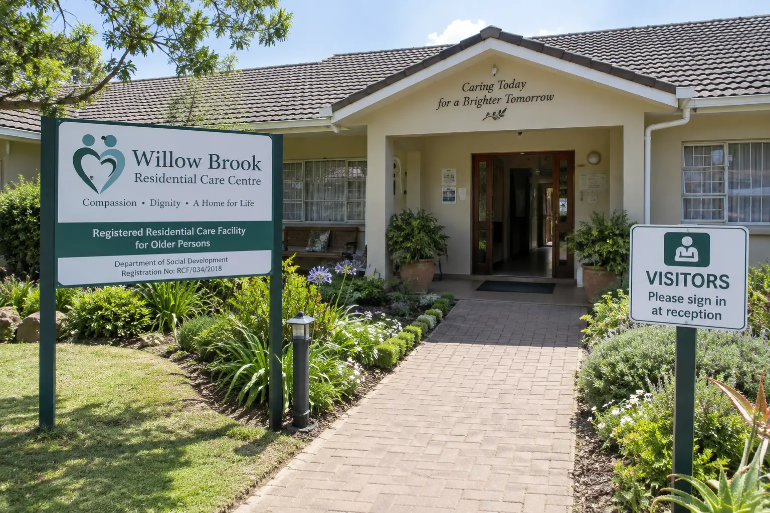 Entrance of a registered South African residential care facility for older persons, with a visitor sign-in point near the door