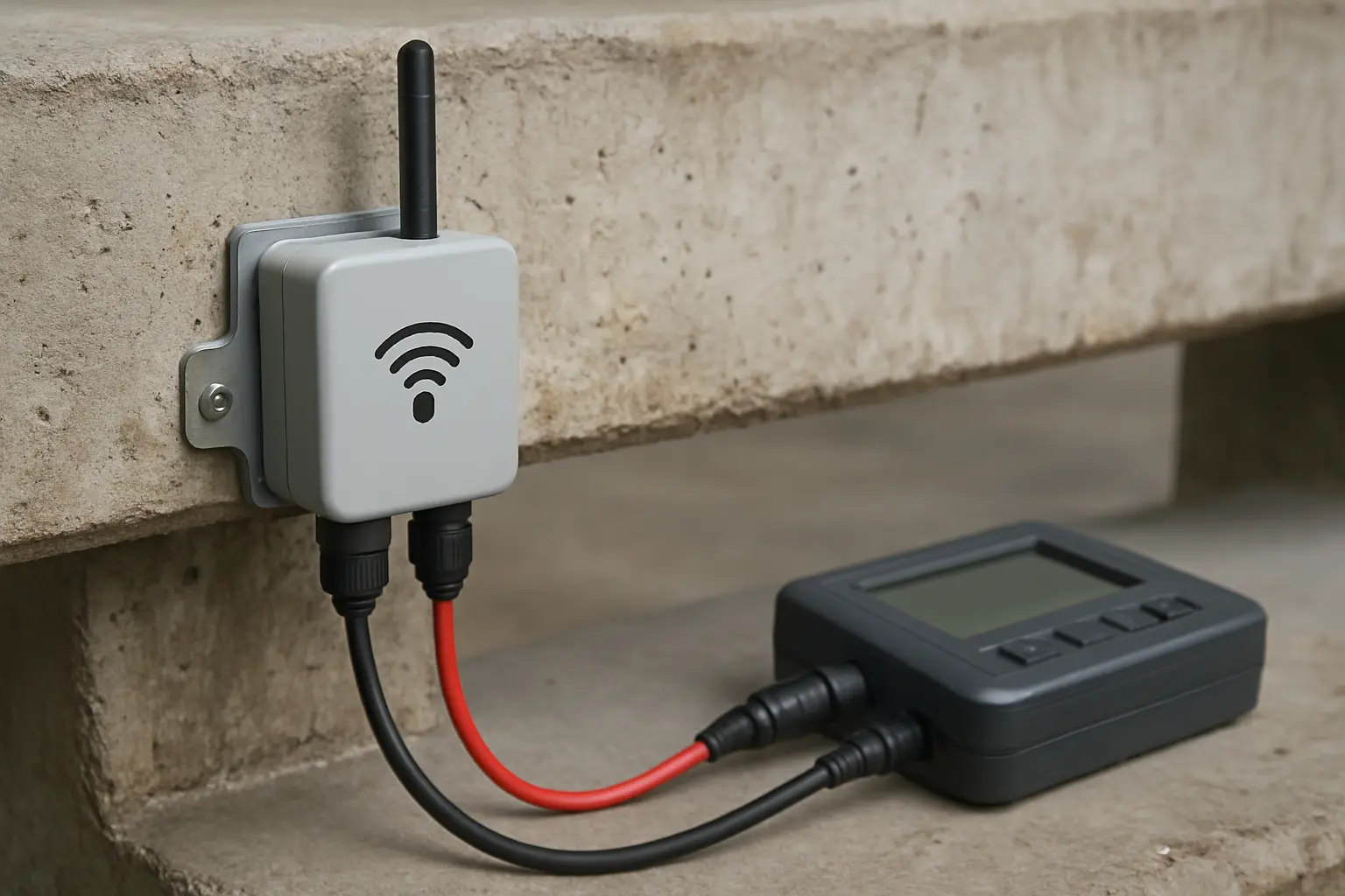 A wireless sensor device attached to a concrete bridge beam for structural health monitoring