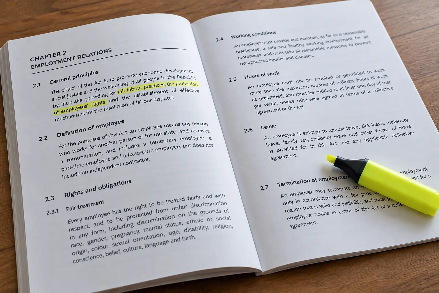 Printed labour legislation booklet with a highlighter on a table