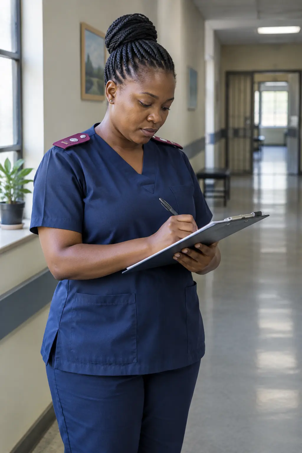 Psychiatric nurse writing notes on a clipboard in a hospital corridor