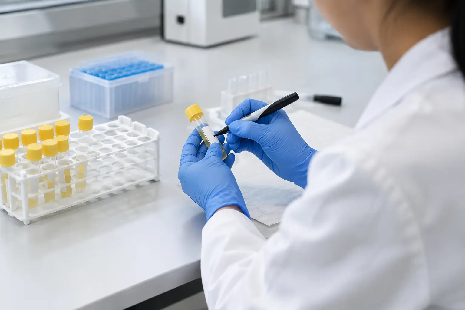 Laboratory technician labelling a sample vial for anti-doping testing